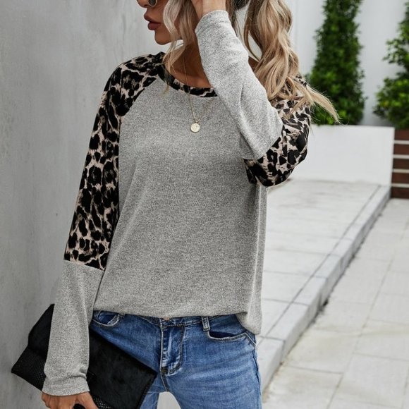 Tops - leopard print raglan sleeve top light gray tone